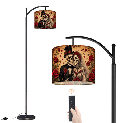 Lampe sur pied arquée avec abat-jour réglable, motif crâne, pour couples de mariés, 3 températures de couleur, intensité variable, avec interrupteur au pied, idéal pour une chambre.