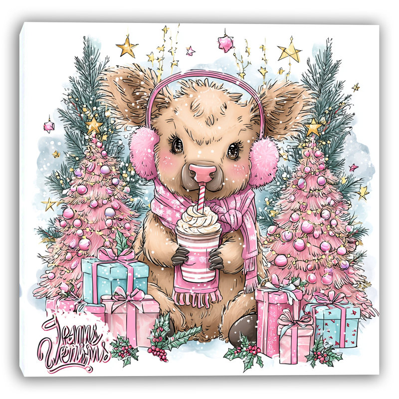 Vache de Noël avec arbres roses sur toile tendue