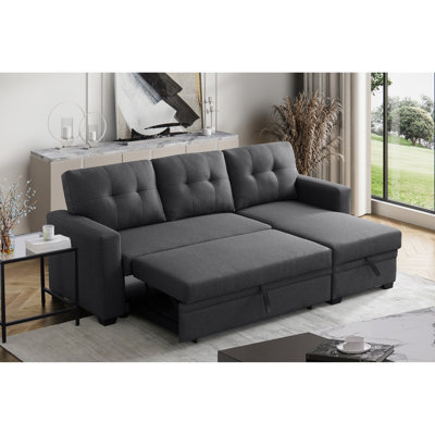 Canapé modulaire convertible, méridienne coulissante, compartiment de rangement, canapé-lit simple, coussins de dossier amovibles, canapé modulaire 3 places avec méridienne et rangement, tissu principal en lin gris foncé