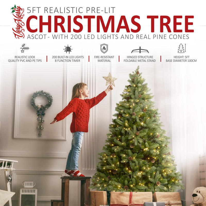 VeryMerry 'Ascot' Christmas Tree with LED Lights with Timer, 8 Light Modes, Decorative Pinecones, 4.99ft H