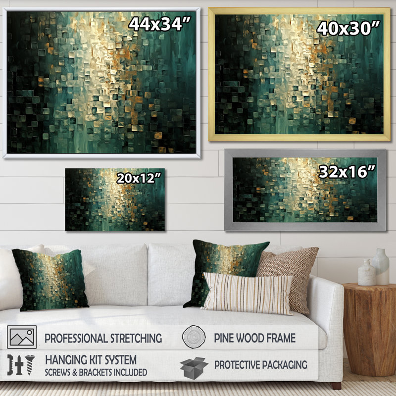 Célébration de possibilités rétro or foncé bleu sarcelle I - Art abstrait encadré, H 24 po x l 32 po, Argent argent