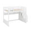 Grand lit mezzanine en bois avec escalier et garde-robe, tablettes de rangement et espace sous le lit-946739586