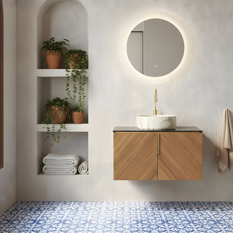 Meuble-lavabo mural 30 po avec portes doubles et lavabo rond à motif de pierre blanche, 30"
