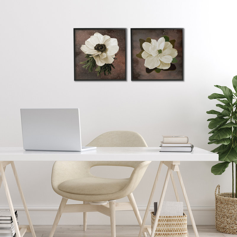 Fleurs blanches sur ensemble de 2 giclées encadrées, par Jennifer Stith, H 12 po x l 24 po, Giclée encadrée noir minuit