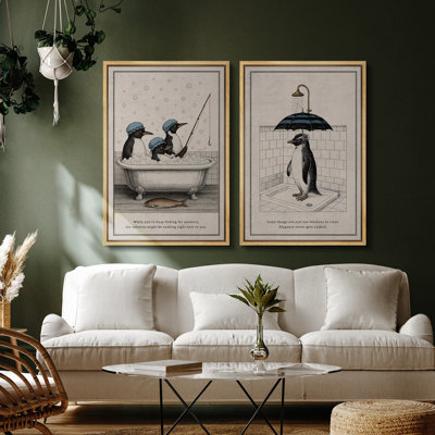 Art mural pingouin avec parapluie, reproduction d'art amusante pour salle de bain moderne ou décoration originale