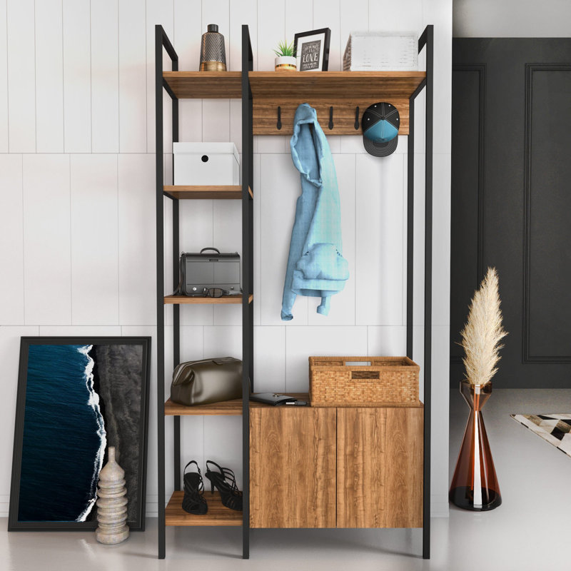 Modern Hall Stand with Storage, Walnut & Black, 69.0 x 13.8 x 68.9 inches | 100% Melamine Coated Particle Board, Thickness: 0.7 inches | Stylish & Functional Design for Entryway, Easy Assembly, Industrial Style