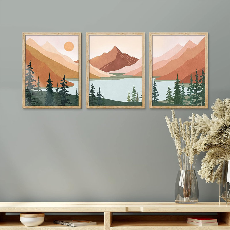 IDÉE4WALL, ensemble encadré d'art géométrique de montagne, ensemble de 3 impressions abstraites de la nature, décorations murales nordiques pour salon, chambre à coucher, 3 pièces