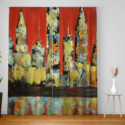 View of Red City Blackout Window Curtain Pair - Home Decor