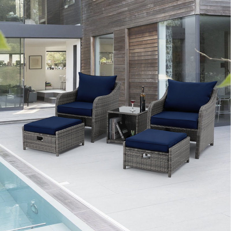 5 Piece Wicker Seating Group with Cushions, Navy Blue Cushion / Gray Frame