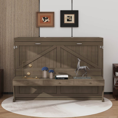 Grand lit escamotable mural avec rangement, bureau, miroir central et deux tiroirs latéraux