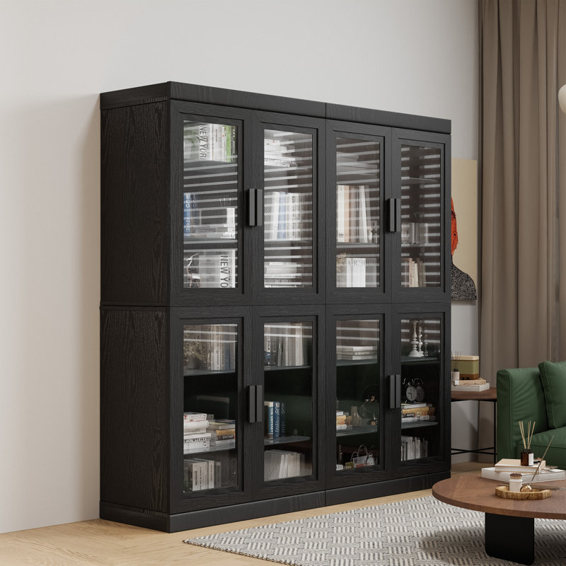62" Wood Storage Bookcase with Adjustable Shelves with Glass Doors, Black