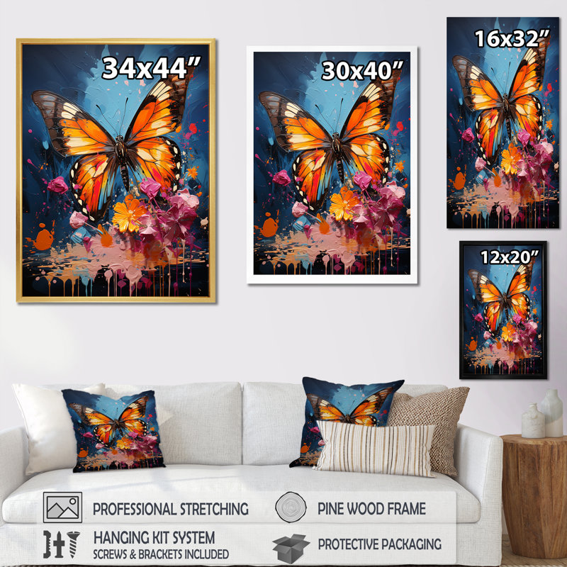 Papillon Pop Art Papilio sur toile, H 32 po x l 16 po x P 1 po, Cadre flottant doré