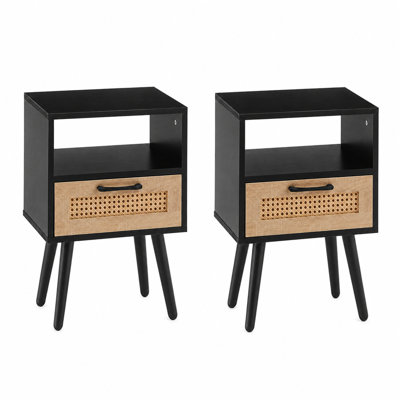 15 Inch Boho Rattan Side Table With Drawer（Set Of 2）