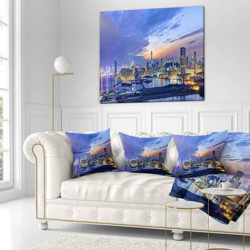 Vue du coucher du soleil de la ville de Hong-kong - oreiller imprimé paysage urbain, 18 po x 18 po, Coussin décoratif