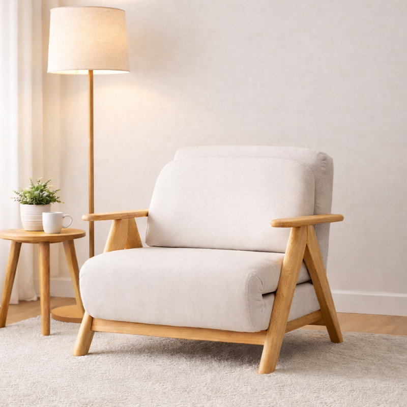 Convertible Lounge Chair, Wood Frame Chair with Fold-Out Bed Function
