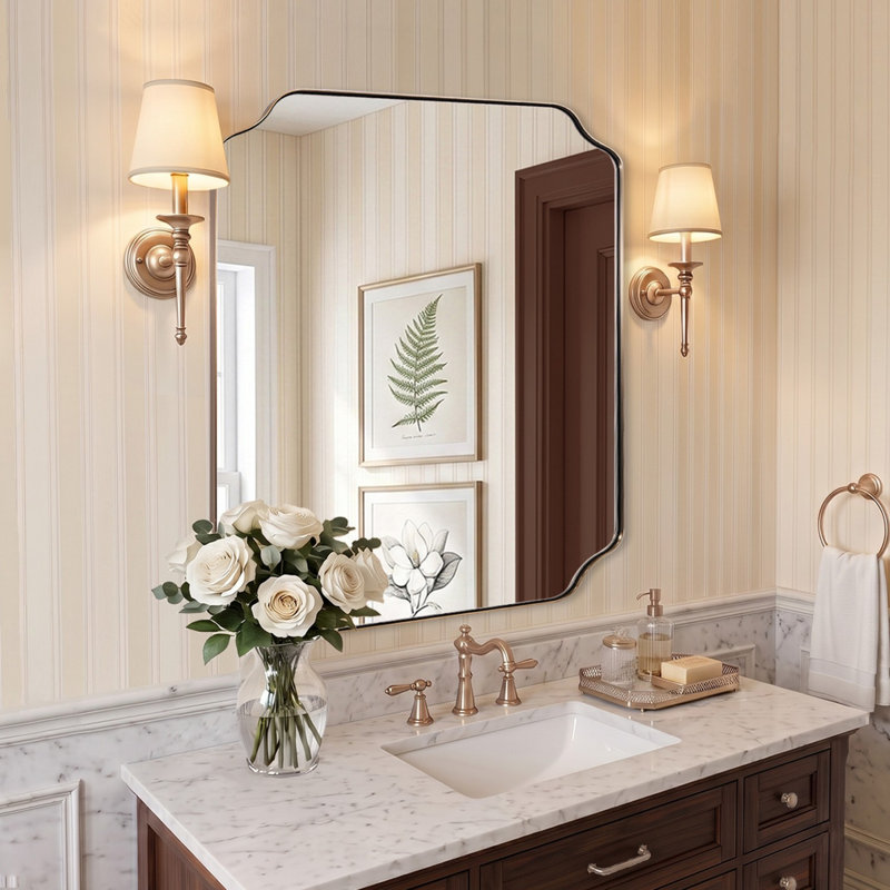 Miroir de salle de bain Modern Cadre en acier inoxydable, 36 po x 30 po, Champagne Bronze