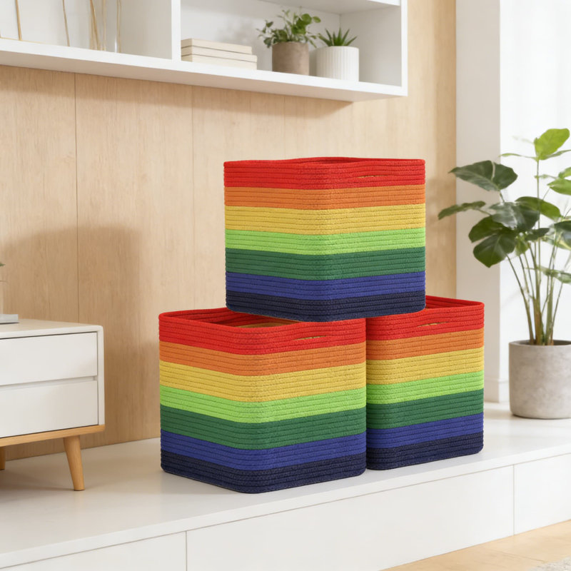 Woven Cotton Storage Baskets With Handles, 11-Inch Decorative Organizer Cubes For Toy, Blanket, And Closet Organization, Soft Foldable Storage Bins For Living Room, Bedroom, And Laundry Room