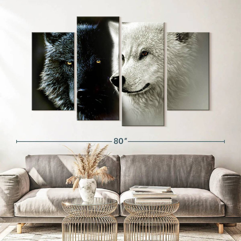 Conte de deux loups sur toile, ensemble de 4 pièces, H 68 po x l 42 po x P 1,25 po
