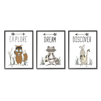 Explore Dream Discover Arrows Motivational Kids Animals by Sweet Melody Designs - 3 Piece Floater Frame Graphic Art Set on Canvas -  Stupell Industries, a3-157_fr_3pc_11x14