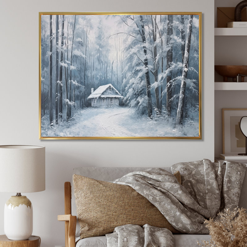 Cozy Snow Cabin I sur impression sur toile, H 24 po x l 32 po x P 1 po, Cadre flottant doré