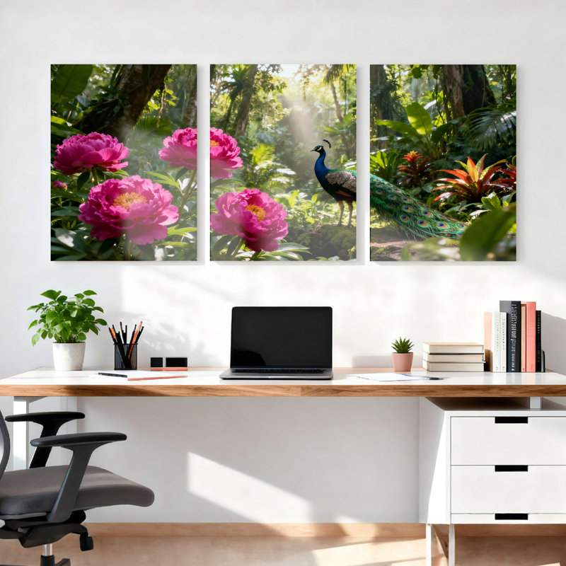 Ensemble de 3 toiles murales représentant un paon et des fleurs roses dans une jungle tropicale, H 24 po x l 48 po