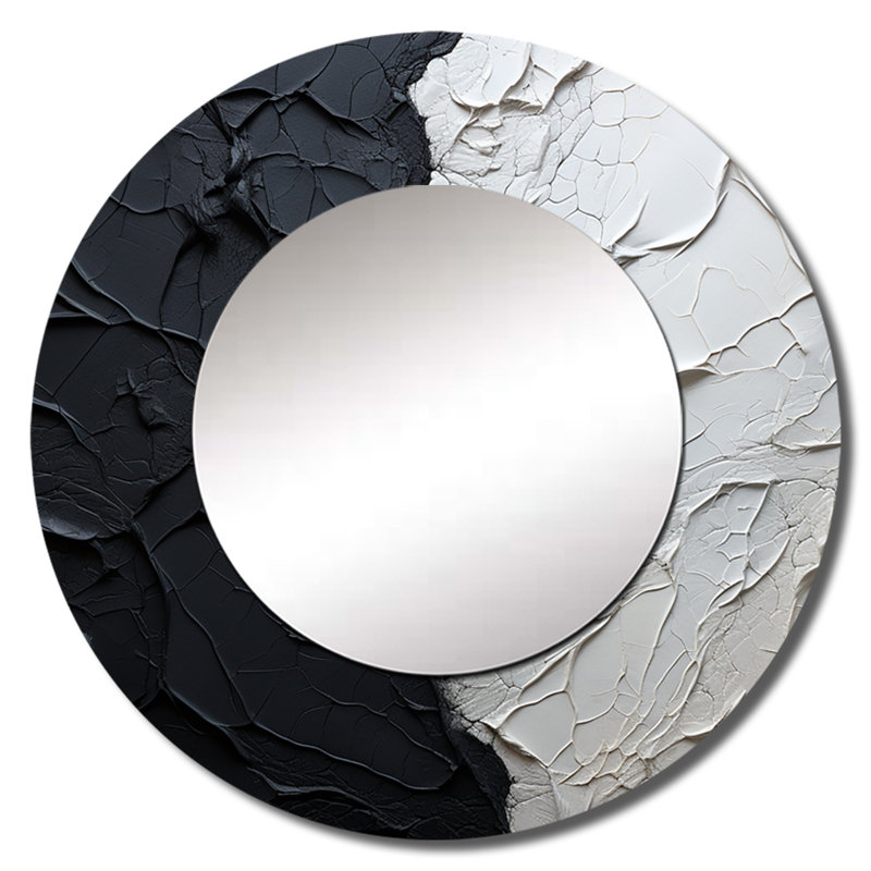 Rozerin Minimalism Black And White Paint Corner - Coastal Wall Mirror, Coastal Round Decorative Mirror, Printed Metal Art