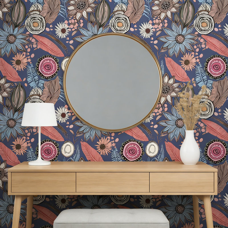 Papier peint adhésif bohème Boho, L 117,96 po x l 17,5 po, Bleu / Rose