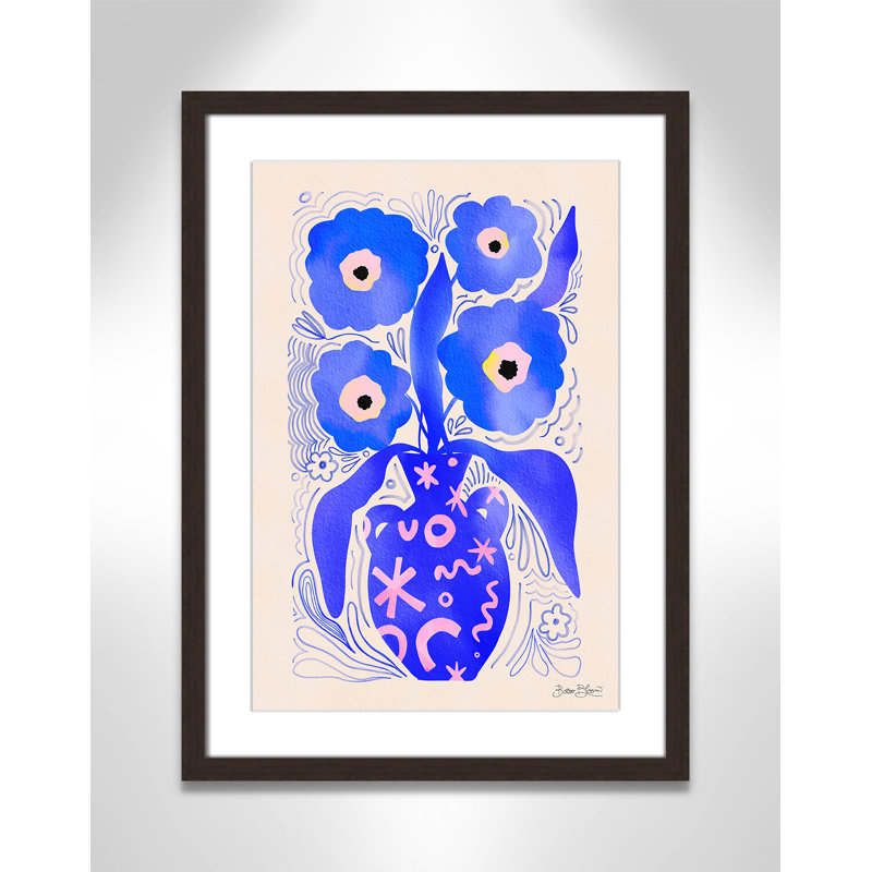 «Blue Flowers Matisse» par Bloom, L 17 po x H 23 po, Imprimé mat, Noyer à grain ouvert