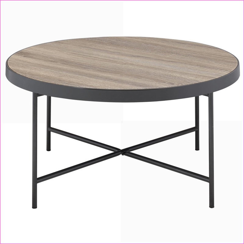 Table basse industrielle en chêne gris vieilli et noir avec plateau rond, grande surface et support en X stable