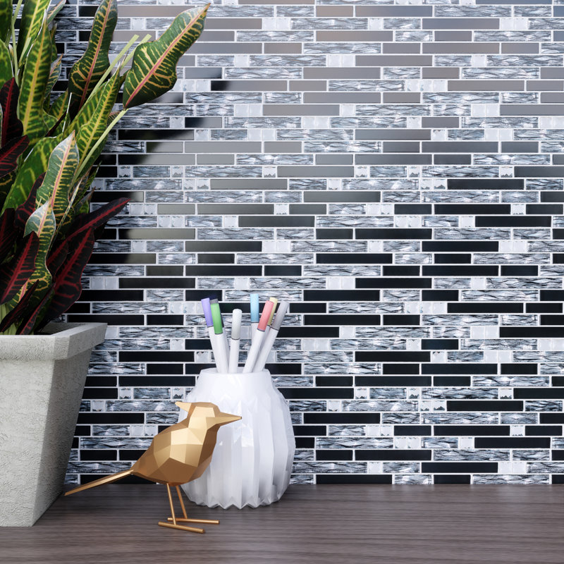 Diamond 11.82 in. x 11.82 in. Interlocking Glossy Glass Mosaic Tile, Black/Gray
