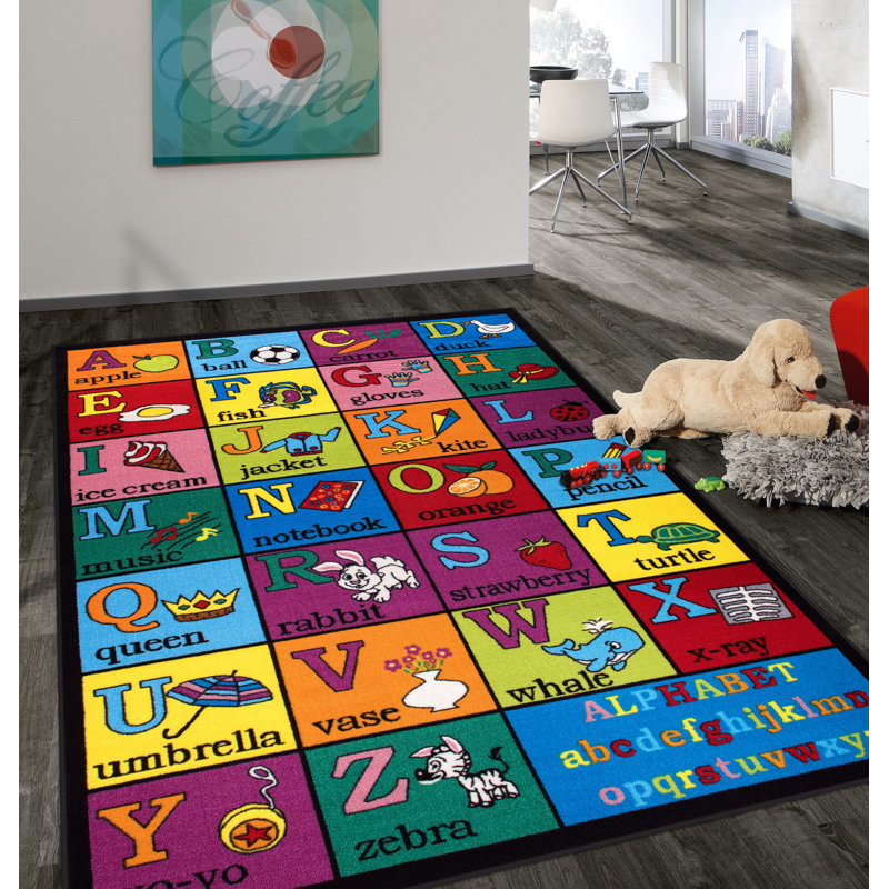 Jeromy Tufted Kids Purple/Blue/Orange Multi-Colored Non-Slip Rubberback Area Rug, Rectangle 5' x 7'