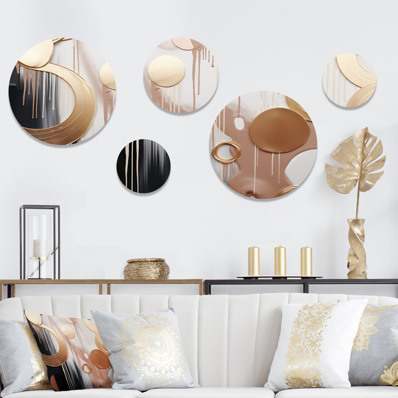 Or abstrait et formes abstraites or et blanc V - formes abstraites, ensemble d'art mural rond de 5