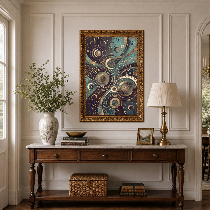 Tableau abstrait en toile représentant un cercle de phases lunaires turquoise et or, H 24 po x l 16 po