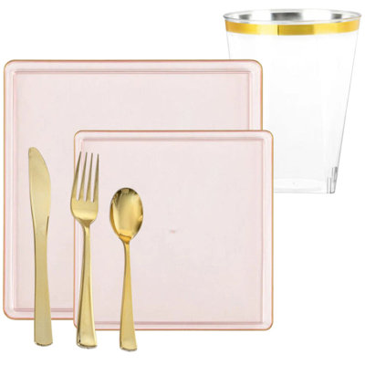 Fernandes Elegant Transparent Pink with Gold Rim Square Dinner Tableware COMBO Set