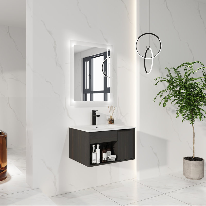 Meuble-lavabo flottant mural 24 po avec lavabo en céramique - Armoire moderne en chêne foncé avec tablette ouverte et porte à fermeture en douceur, conception peu encombrante (robinet et drain non inclus)