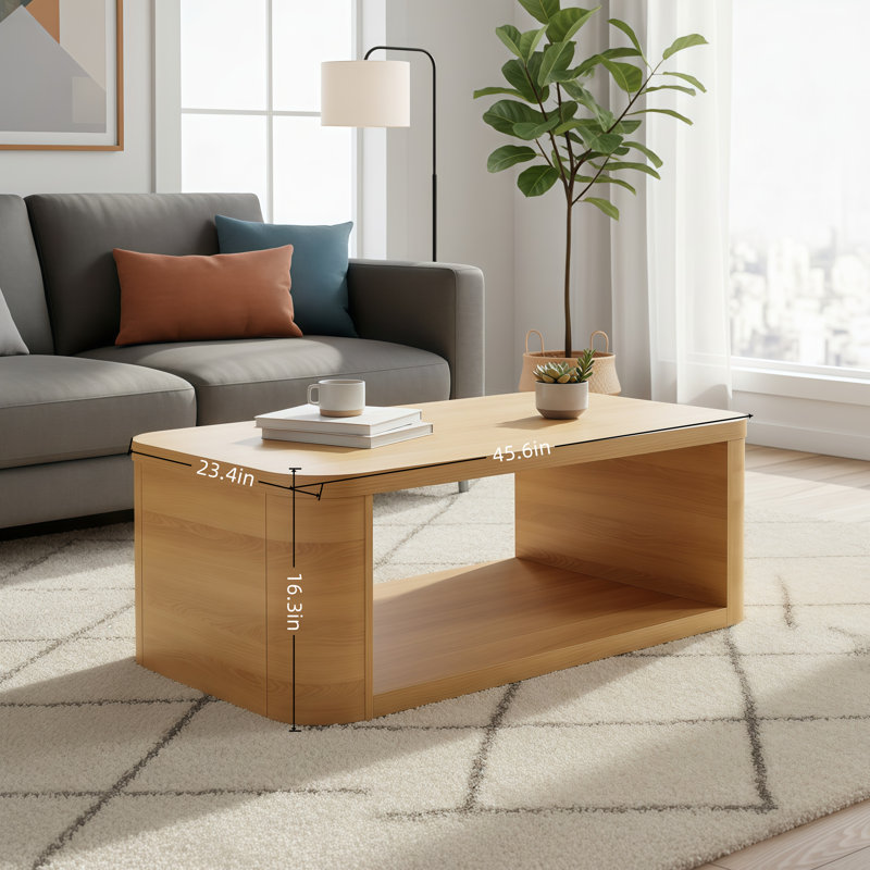 Table basse rectangulaire de couleur miel clair avec un plateau spacieux et un design ouvert.
