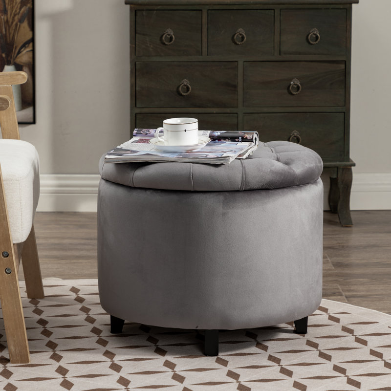 Repose-pieds rond avec rangement en velours Briana, Velours gris performance