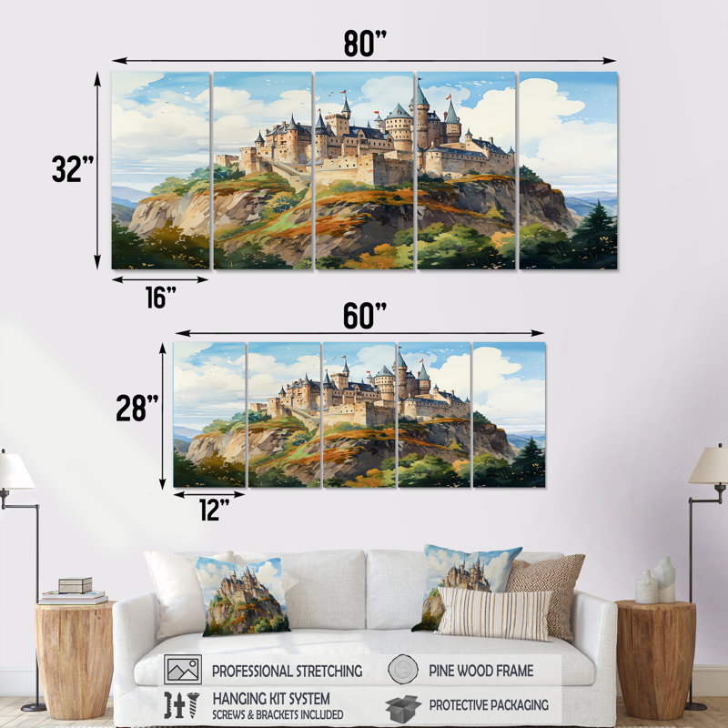«Antique Castle In The Mountains Harmony - Castles», art mural 5 pièces pour le salon, H 28 po x l 60 po
