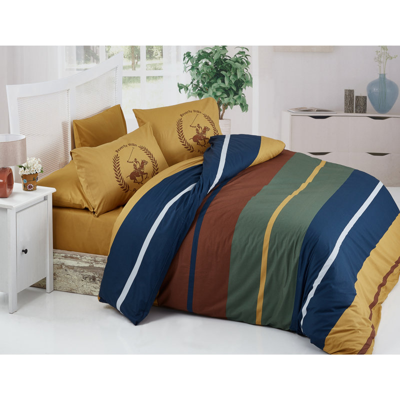 Ensemble de housse de couette 100% coton moutarde / bleu foncé / brun / vert