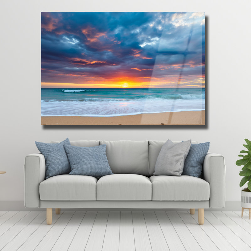 Plage, coucher de soleil, verre trempé, art mural de style naturel, H 20 po x l 30 po