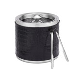 Graphic Image Leather Ice Bucket with Tongs,Leather, Black Embossed Croc Leather
