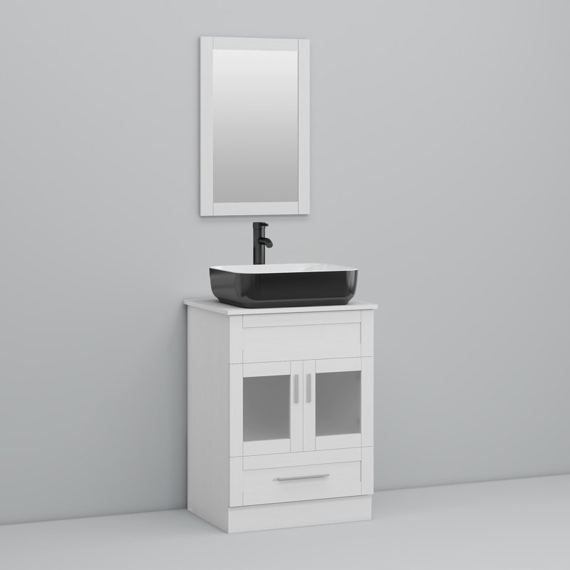Ensemble de meuble-lavabo simple 24 po avec miroir Andrais, Noir / blanc, Blanc