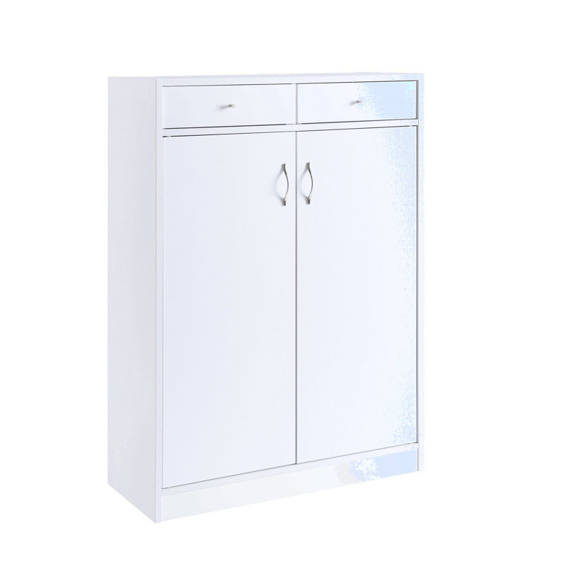 Armoire à chaussures blanche avec cinq tablettes, deux tiroirs, pour 15 paires de chaussures