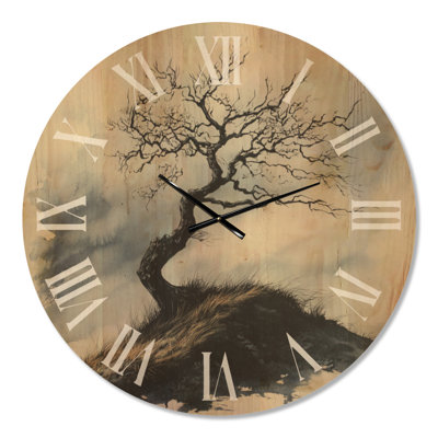 Extra Large Scenic Wood Wall Clock – Windswept Tree on Hill