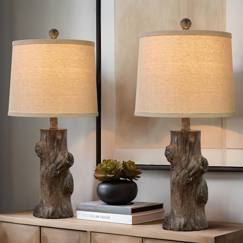 23'' Rustic Brown Resin Table Lamps with Oatmeal Fabric Shades, Set of 2