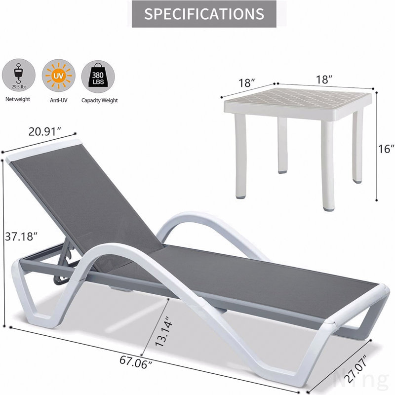 Patio Chaise Lounge Adjustable Aluminum Pool Lounge Chairs With Arm All Weather Pool Chairs For Outside,In-Pool,Lawn (Gray, 1 Lounge Chair+1 Plastic Table)