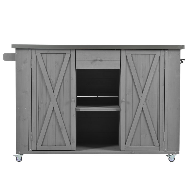 Grey Fir Wood Outdoor Kitchen Island - Stainless Steel Foldable Top, Storage, Towel/spice Racks & Bottle Opener