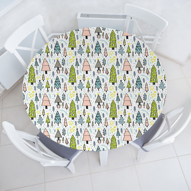 Bungalow Rose Christmas Tree Fitted Round Tablecloth Diameter Multicolor, 47.24" Round
