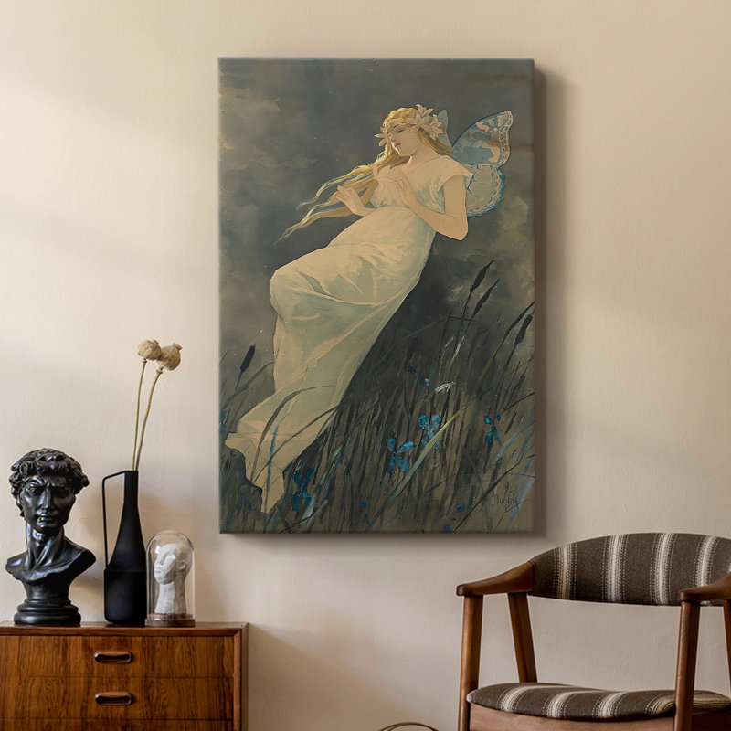 Elf avec fleurs d'iris - Toile tendue avec châssis par Alphonse Mucha, 18 x 27