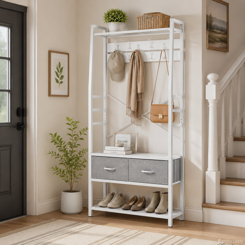 Hall Tree 80cm Wide with Bench and Shoe Storage, White